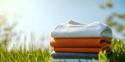 A stack of three white, grey, and orange sweatshirts on top of each other, placed against an outdoor 