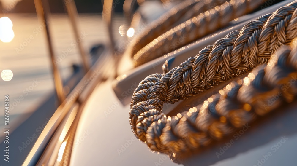 Poster a detailed view of a yacht rope, capturing the texture and knots, emphasizing the craftsmanship and 
