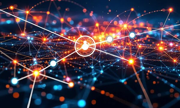 Abstract Network Connections: Glowing Orange And Blue Nodes On Dark Background