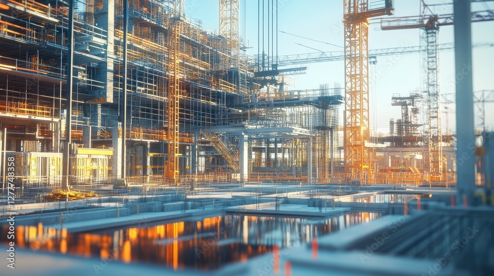 Aufkleber A digital twin simulation of a construction project, offering a virtual model of the construction site with data-driven updates and progress tracking.