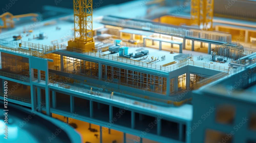 Aufkleber A digital twin simulation of a construction project, offering a virtual model of the construction site with data-driven updates and progress tracking.