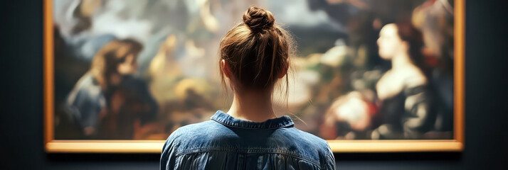 Art appreciation on International museum day highlighting cultural exploration and learning. Woman in a museum standing in front of a painting. Back view