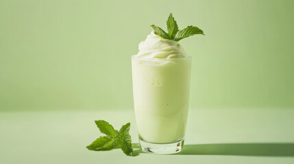 Thick avocado smoothie with yogurt topped with mint leaves in clear glass. This refreshing drink is perfect for healthy snack or dessert