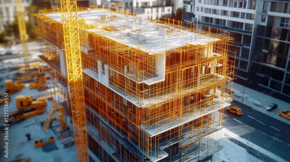 Poster A digital twin simulation of a construction project, showing a detailed virtual model of the site with real-time data and updates.