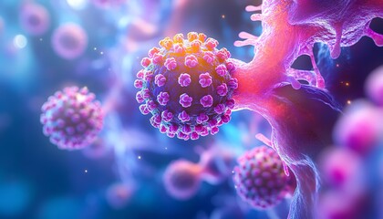 3D medical illustration of the HPV virus infecting cervical tissue, highlighting the connection between HPV and cervical cancer, vibrant colors, ultrarealistic, educational focus