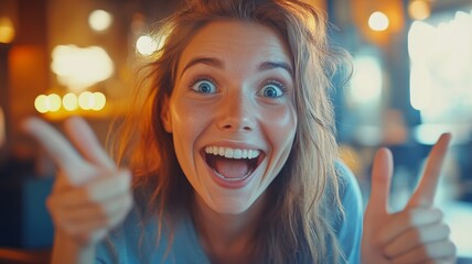 Joyful young woman exudes excitement while giving peace signs in a lively cafe setting during the evening