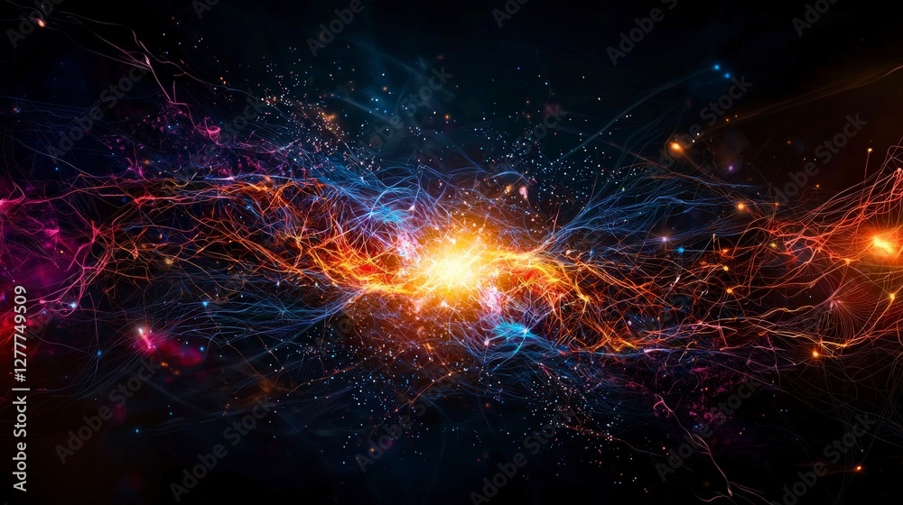 Poster Energetic digital art visualizing collaborative problem solving in a cosmic technology landscape