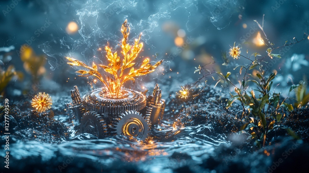 Poster Transforming energy in a dynamic landscape nature scene digital artwork surreal environment close-up view