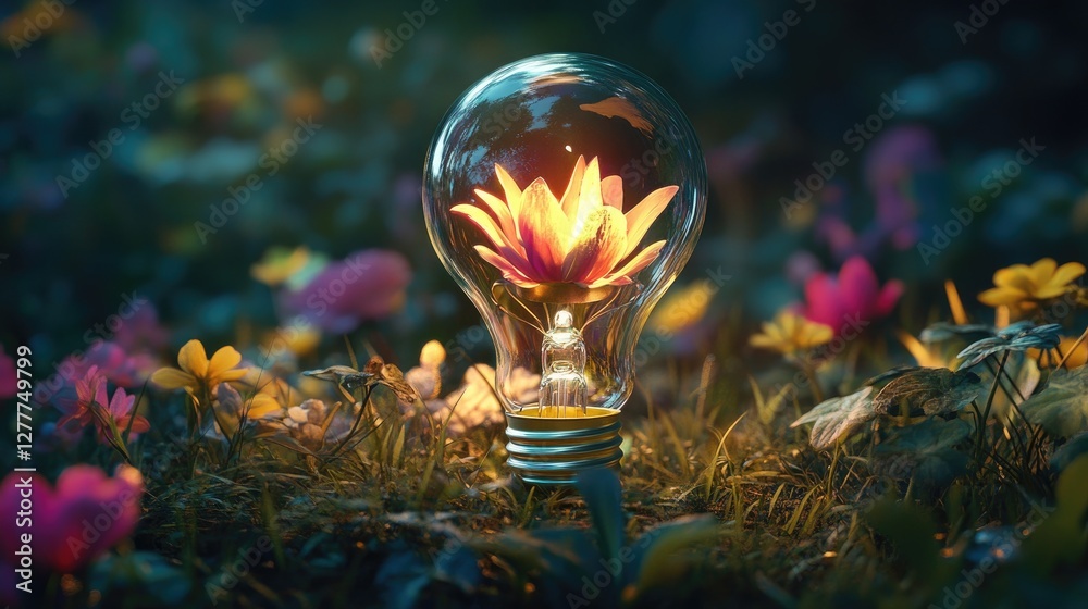 Poster a glowing flower inside a light bulb, set against a backdrop of lush grass and colorful blooms, comb