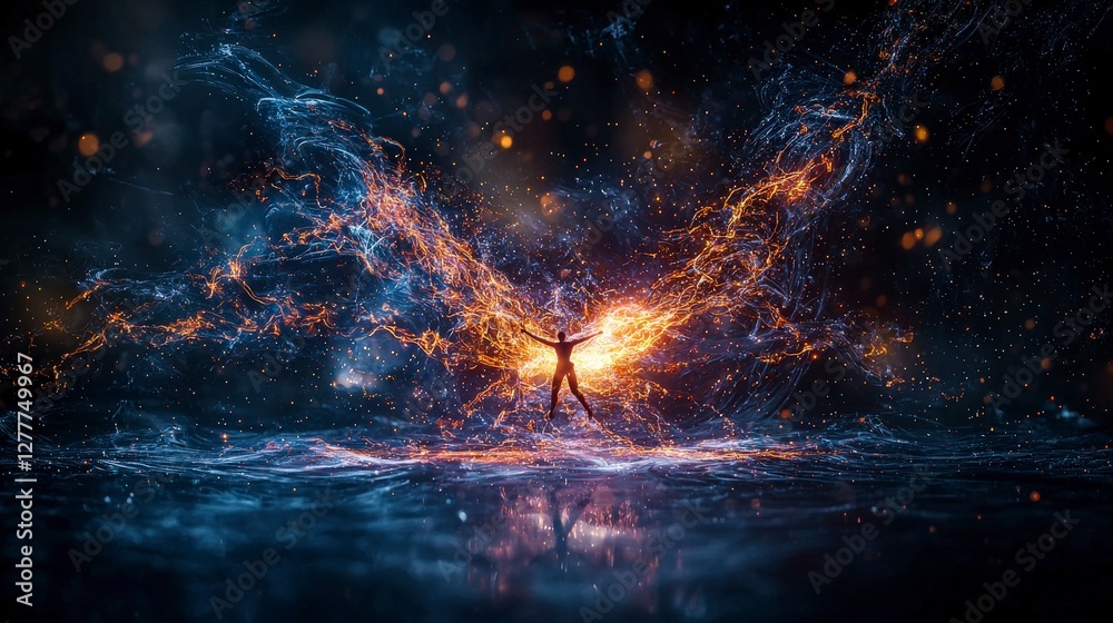 Poster Dynamic human activity in zero gravity cosmic setting digital art ethereal environment surreal viewpoint