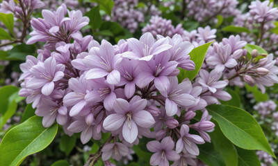Korean Lilac (Syringa pubescens var. patula) A deciduous shrub known for its fragrant, pale purple flowers that bloom in late