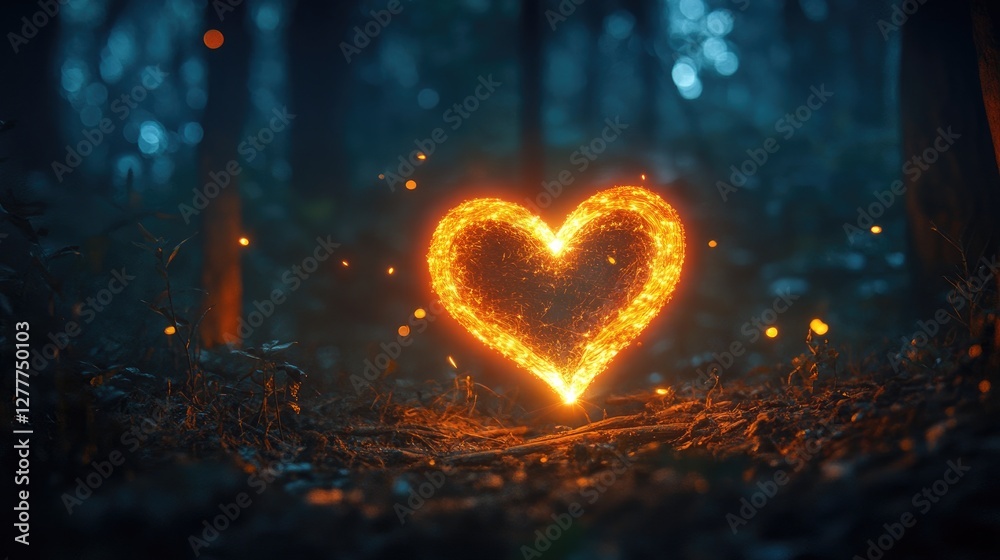 Poster a glowing heart-shaped light floating in a dark forest, casting an ethereal and magical glow in the 