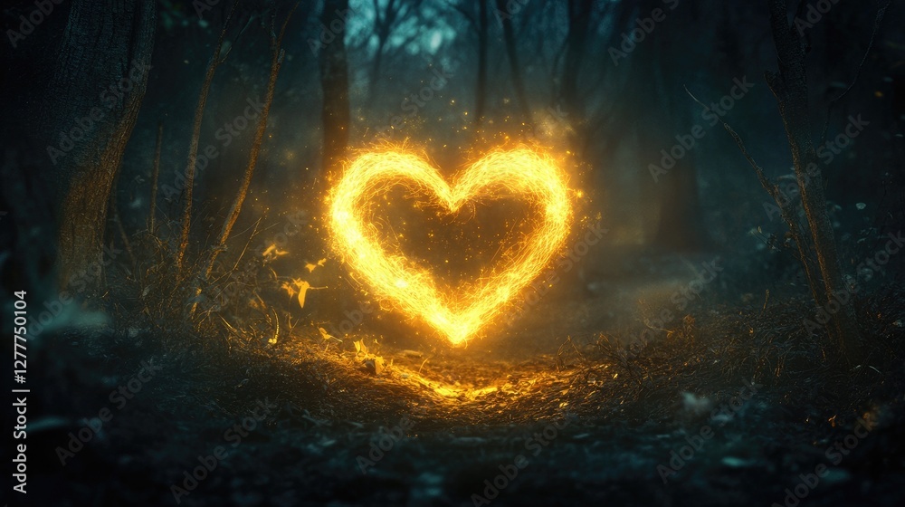 Poster a glowing heart-shaped light floating in a dark forest, casting an ethereal and magical glow in the 