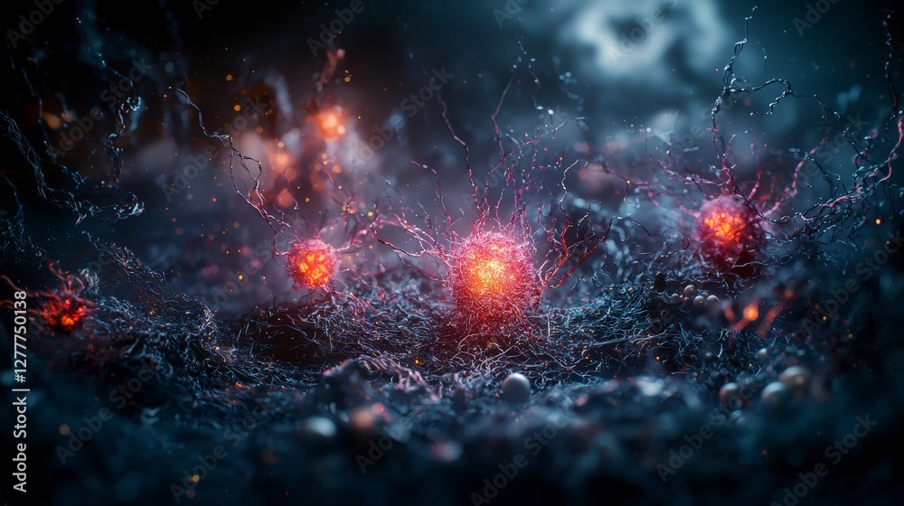 Poster Dynamic visualization of collective energy abstract environment 3d render dark setting close-up view