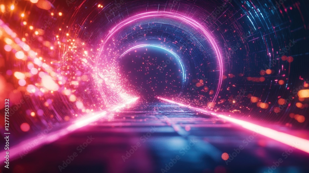 Poster a glowing neon light portal with sparks flying out, creating a dynamic and futuristic effect on a da