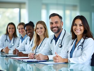Fototapeta premium Team of doctors and nurses participating in a meeting or conference in the hospital. Group working together, utilizing a laptop to enhance teamwork. Generative ai