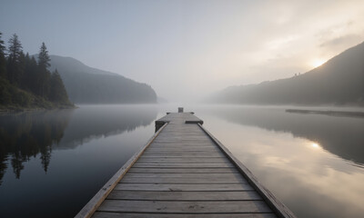Lonely wooden bridge over a misty river for tranquil and meditative visuals. A weathered wooden bridge arches gently over a calm, mist-covered river.