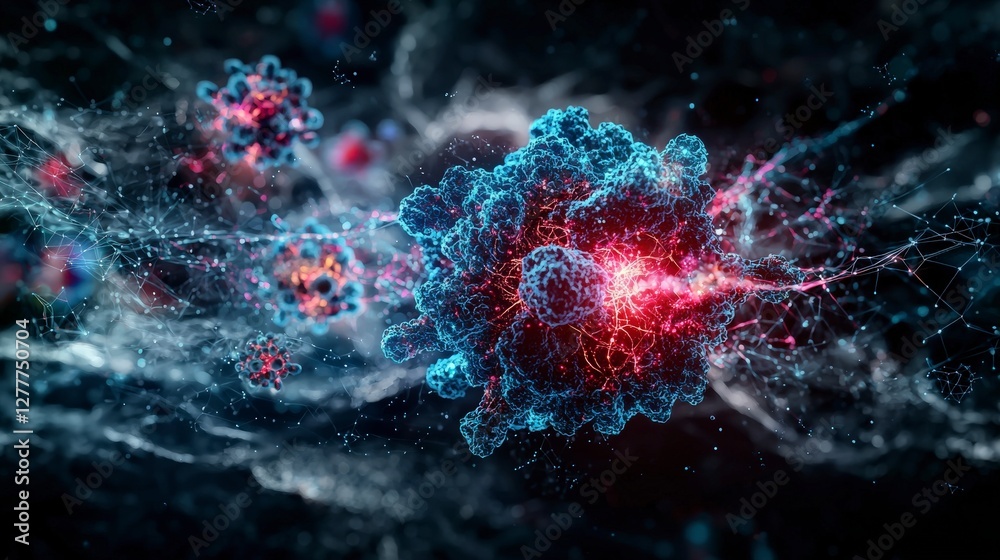 Poster Visualizing futuristic cellular communication abstract digital art in a dark close-up scene