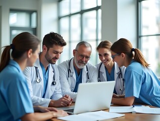 Fototapeta premium Team of doctors and nurses participating in a meeting or conference in the hospital. Group working together, utilizing a laptop to enhance teamwork. Generative ai