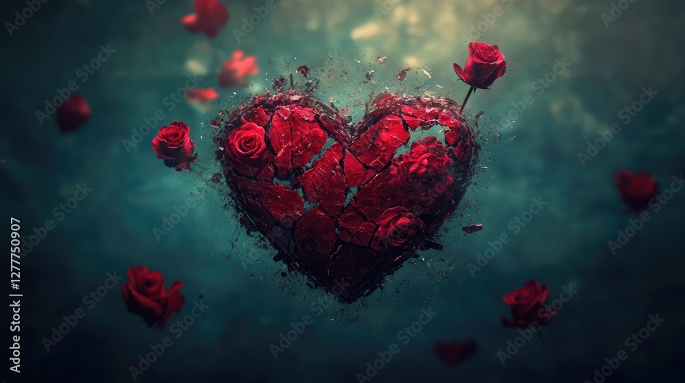 Poster a heart fractured into pieces, surrounded by floating roses, creating a poignant and romantic visual