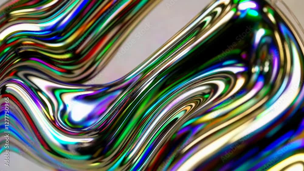 Poster abstract flowing metallic waves in gold and green tones, highly reflective surface with light reflec