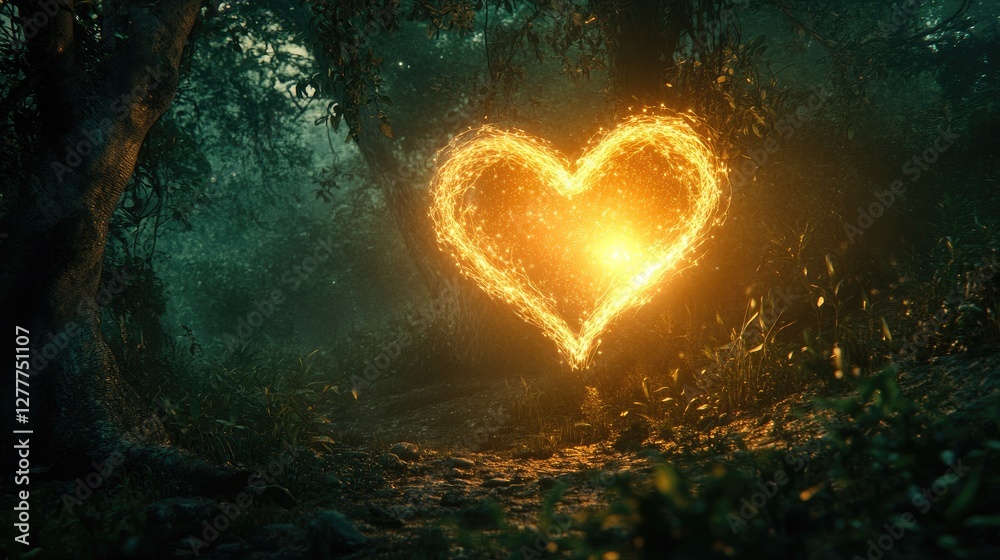 Poster a heart-shaped light glowing brightly in a dark forest, filling the surroundings with warmth and a s