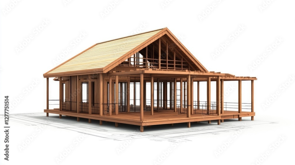 Poster a high-resolution image of blueprints for a wooden structure house, displaying floor plans and struc
