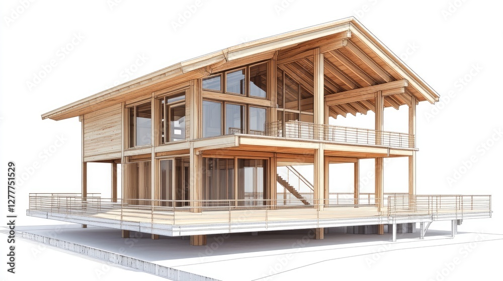 Poster a high-resolution image of blueprints for a wooden structure house, displaying floor plans and struc