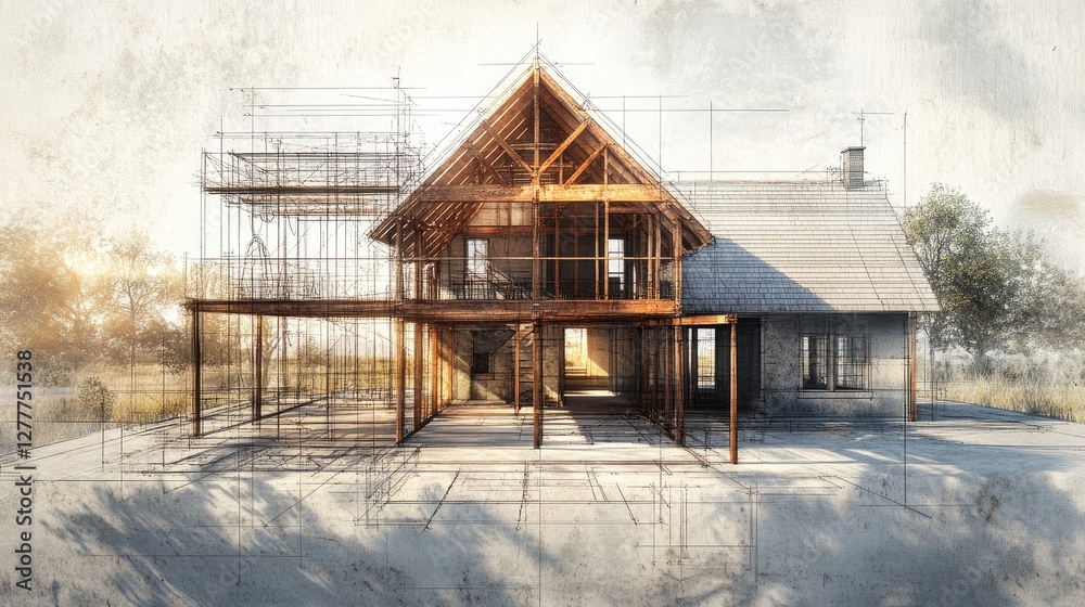 Poster A high-resolution image of blueprints for a wooden structure house, displaying floor plans and structural details for building.