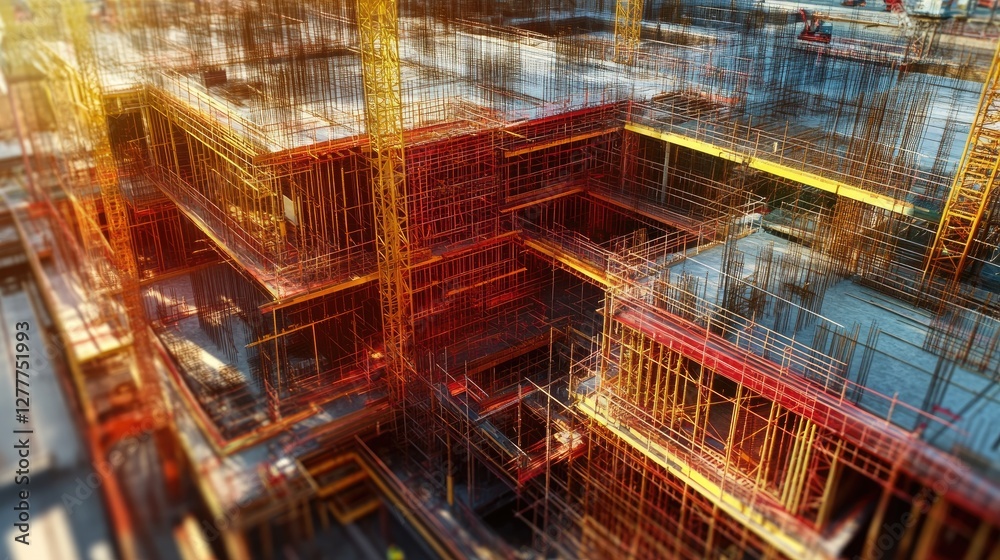 Aufkleber A high-tech digital twin simulation of a construction project, displaying a 3D model of the site with accurate details and progress tracking.