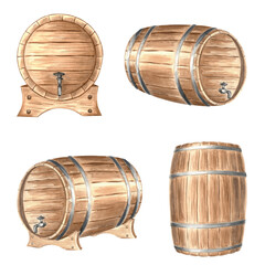 Set of wooden barrels, casks for rum. Keg for wine, whiskey or beer, with iron rings. Hand drawn watercolor illustration isolated. Oak container for alcoholic drink. Clipart for food industry, print.