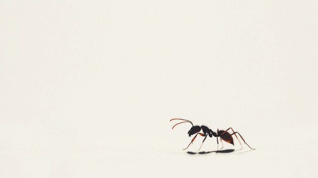 Black ant walking on white background, nature study