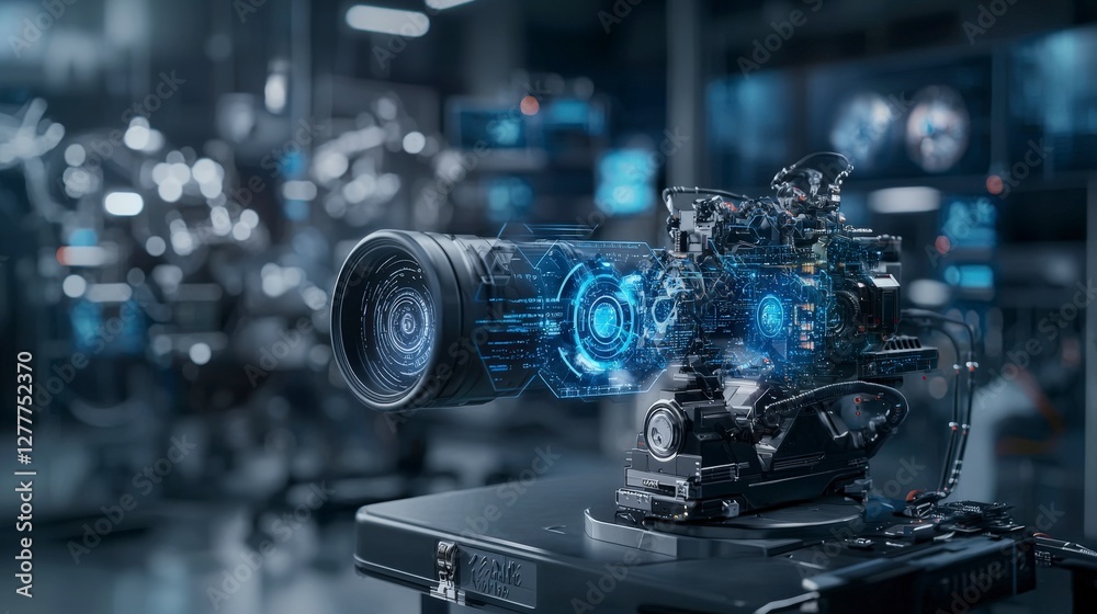 Poster futuristic camera innovations revolutionize filmmaking and digital art in advanced studio environmen