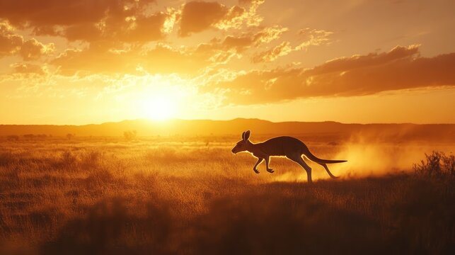 A kangaroo in mid-leap across the outback desert, silhouetted against the golden sunset sky, capturing the essence of Australia.