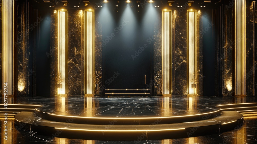 Poster A luxurious black and gold stage illuminated with light effects, creating a dramatic and glamorous setting for an event.