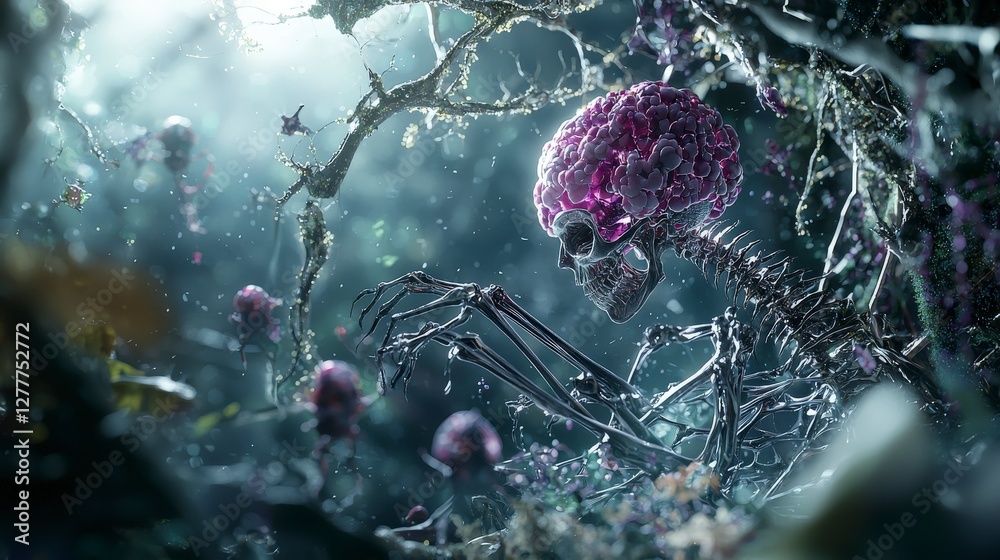 Poster conceptual exploration of human evolution in a surreal enchanted forest a futuristic digital art vie