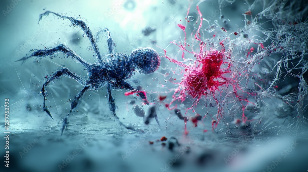 Poster Dynamic interaction of micro creatures in a futuristic world digital art abstract environment close-up view