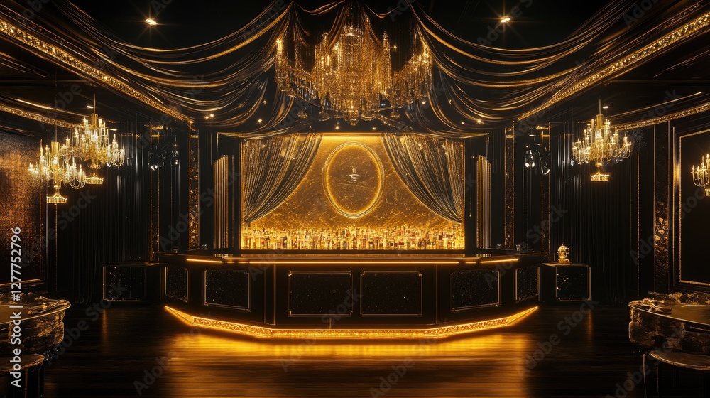 Poster A luxurious black and gold stage illuminated with light effects, creating a dramatic and glamorous setting for an event.