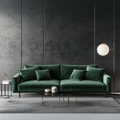 3D-Rendered Modern Living Room with Stylish Green Sofa – Sophisticated Interior Design, Transparent Background, High Detail, 4K Resolution