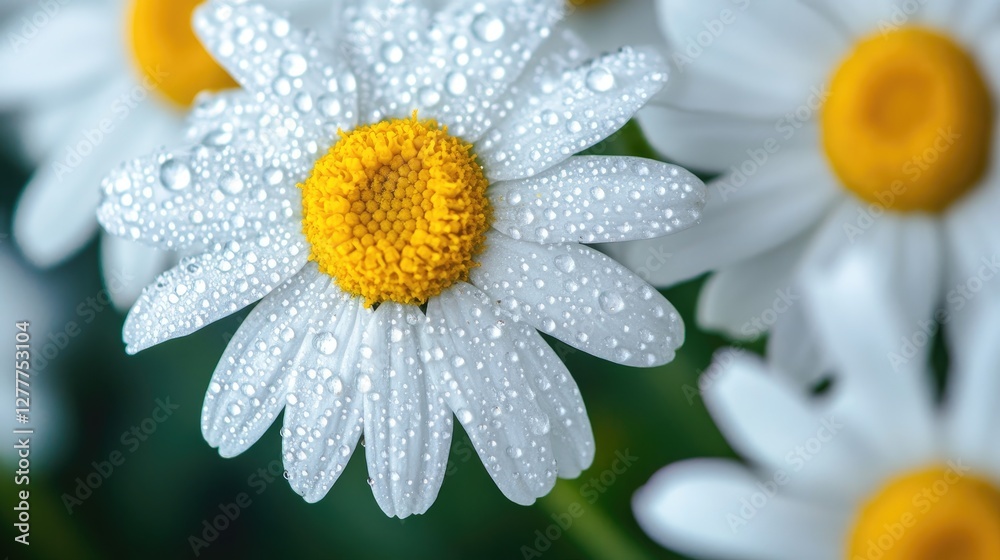 Poster a macro view of chamomile flowers with tiny water drops clinging to the petals, emphasizing their de