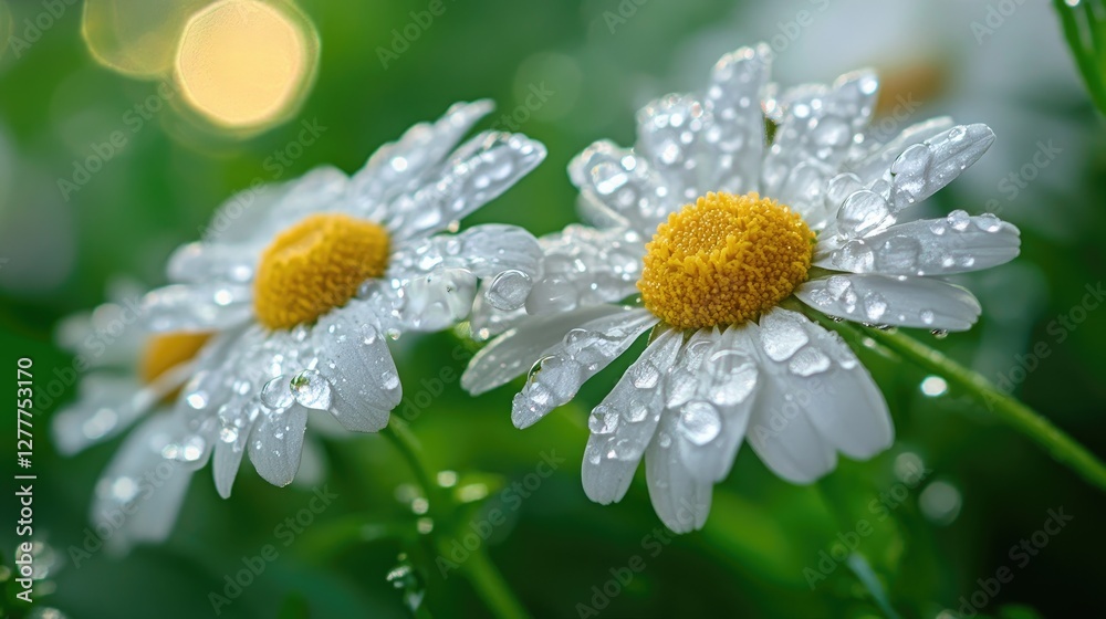 Aufkleber a macro view of chamomile flowers with tiny water drops clinging to the petals, emphasizing their de