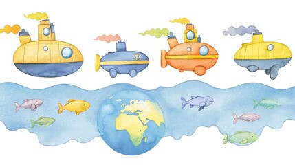 Naklejka premium Cute Watercolor Submarines and Fish Over World Globe Illustration.