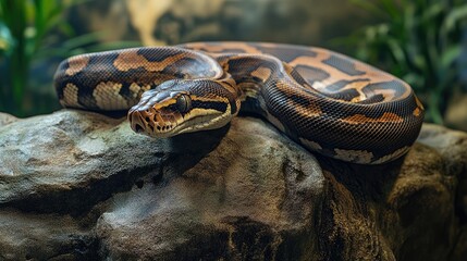Fototapeta premium A majestic boa constrictor resting on a rock, highlighting its powerful build and detailed scales in its natural habitat.