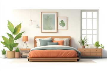 Naklejka premium Modern Minimalist Bedroom Interior Design with Wooden Bed Plants and Artwork