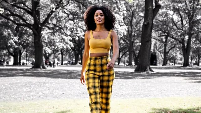 Young woman wearing high-waisted macleod tartan pants confidently walking through a park, surrounded by trees and people enjoying leisure activities