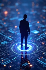 A futuristic scene with a person standing on a digital grid, surrounded by holographic circuits and neon lights representing the flow of data and endless opportunities. This visual symbolizes how inno