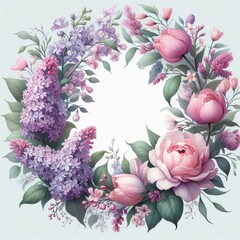 Fototapeta premium Peony and Lilac Blooming Wreath