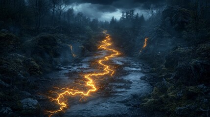 Radiant luminescent journey through a mystic river enchanted forest fantasy landscape night view