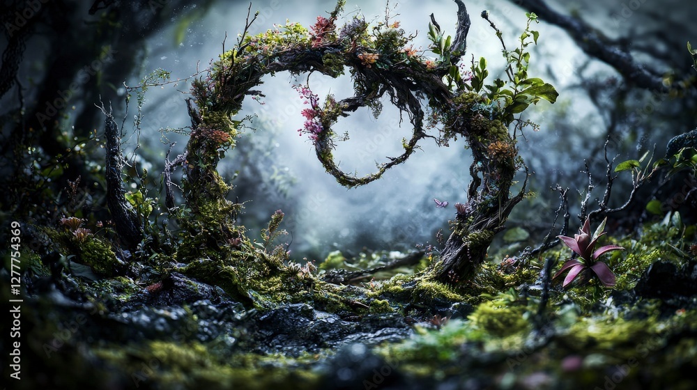 Poster digital art of an enchanted forest exploring emotional resilience in a surreal botanical landscape