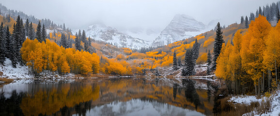 Snowy mountain lake reflecting autumn trees